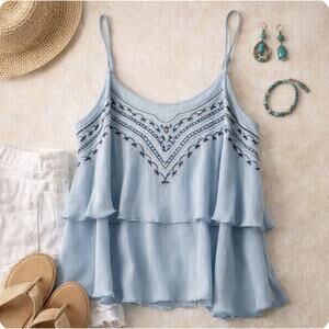 Baby Blue Tiered Sz S Flowy Layered Boho Festival Embroidered Adj Strap Top